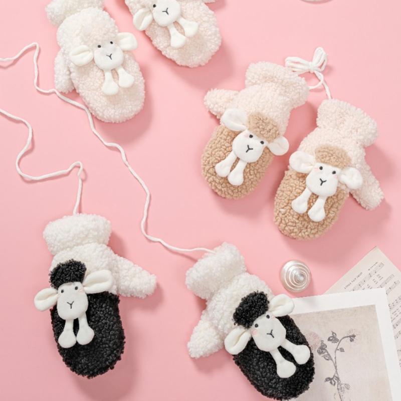 Fluffy Animal Mittens Plush Sheep Gloves with String Full Finger Mittens Winter Warm Mittens Cartoon Gloves for Women