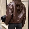 Women's Lapel Zip-Up Motorcycle Jacket, Loose Fit Leather Outerwear for Casual Wear