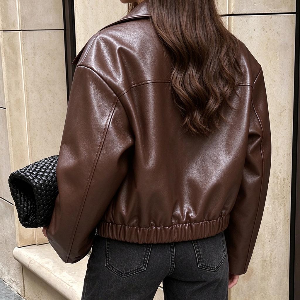 Women's Lapel Zip-Up Motorcycle Jacket, Loose Fit Leather Outerwear for Casual Wear