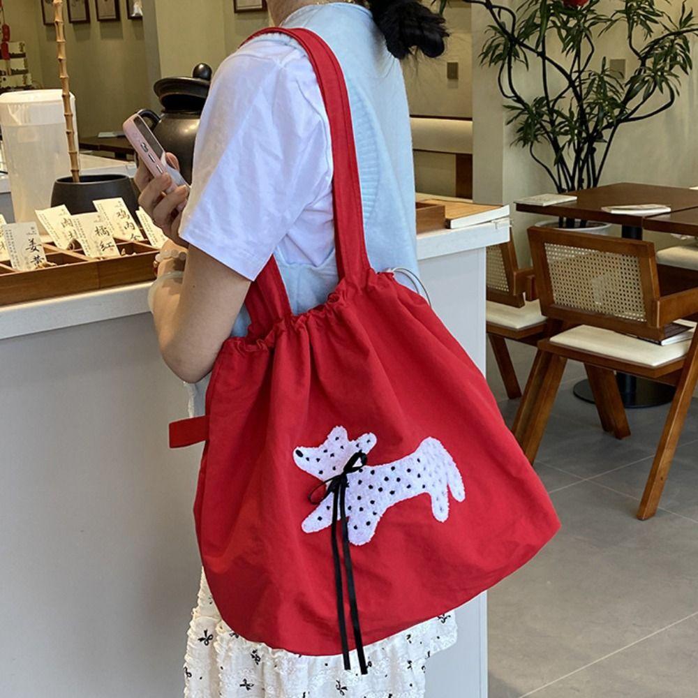 

Bow Spotted Embroidery Drawstring Shoulder Bag Embroidered Women s Handbag Vacation червоний