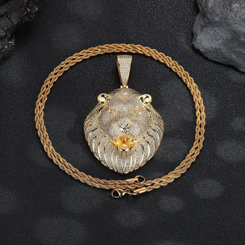 Lion Head Pendant Hip Hop Jewelry Micro Pave Zirconia Statement Necklace