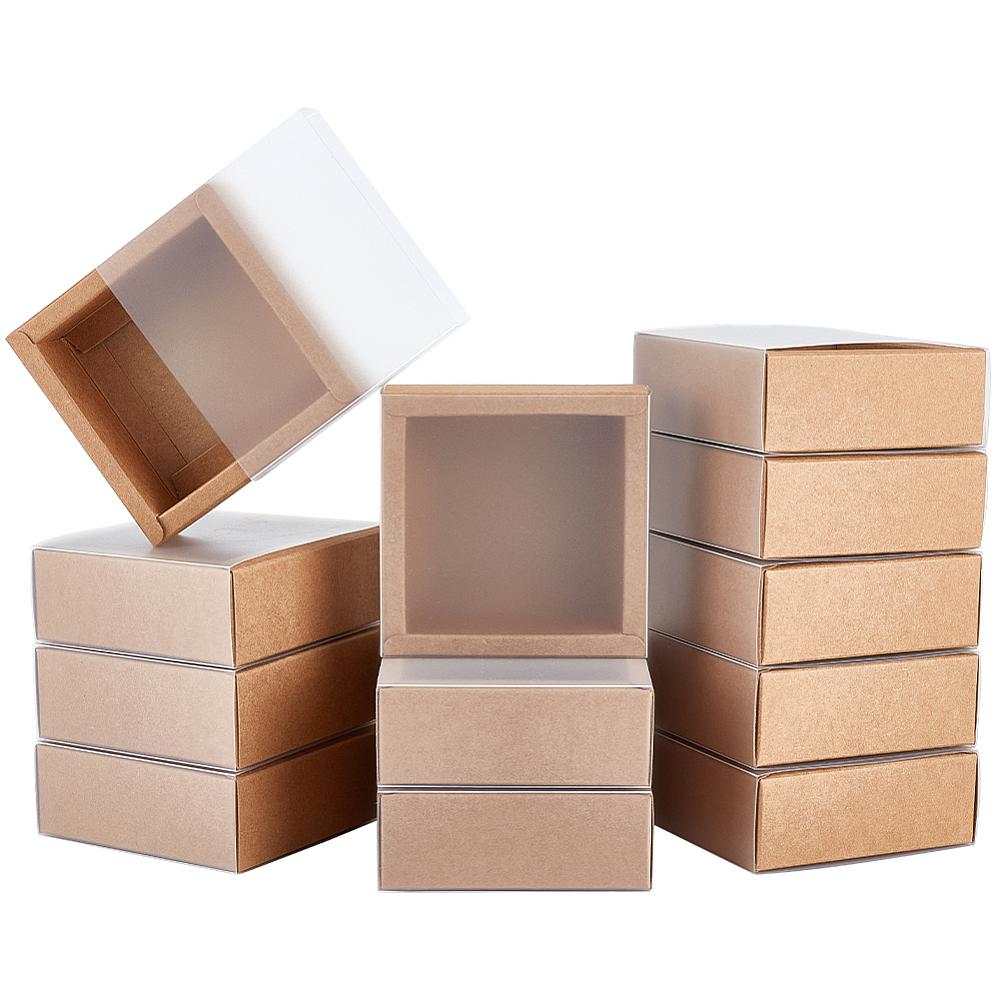 16pcs Kraft Paper Storage Gift Drawer Boxes Translucent Plastic Cover Gift Packaging Case Peru 9.7x9.7x3.75cm