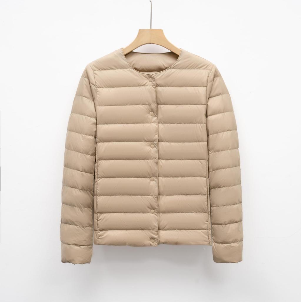 Luz de Inverno Jaqueta Simples Quente de Outono e Inverno Feminina de Gola Redonda Curta