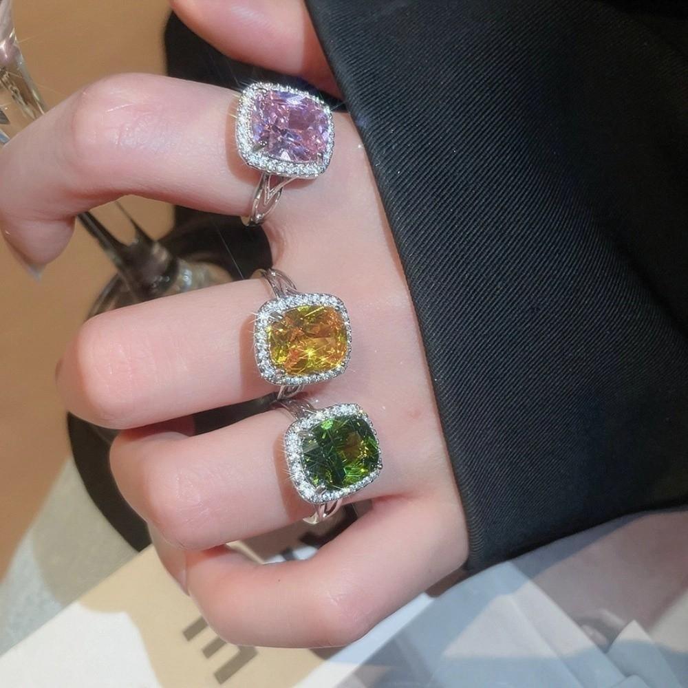 Big Square Crystal Open Ring Zircon Exaggerated Ring Flash Shiny Rhinestone Rings  Women Gift