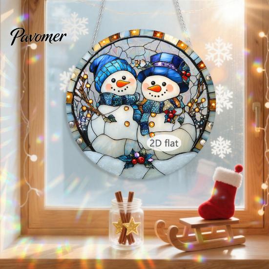 Colorful Acrylic Window Decorations Christmas 2D Hanging Ornaments, Stained Glass Style Snowman Santa Snowflake Suncatcher for Hanger with Chain,