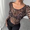 2025 Fashion Transparent Leopard Print Mesh Long Sleeve Slim Fit T-shirt