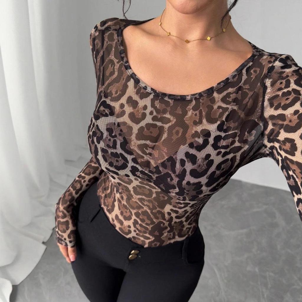 2025 Fashion Transparent Leopard Print Mesh Long Sleeve Slim Fit T-shirt