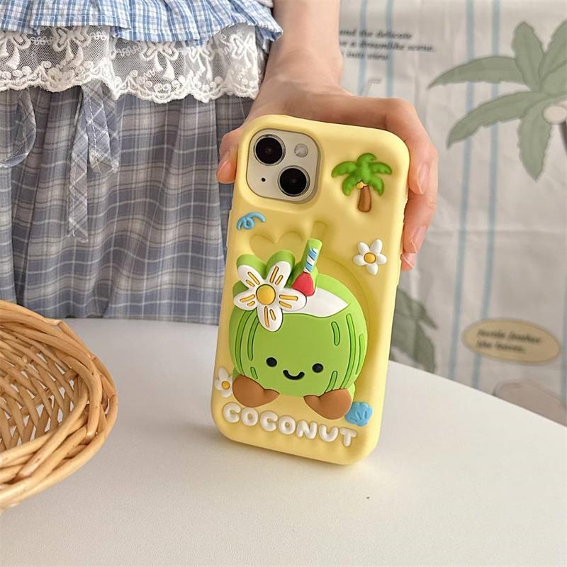 3D Милый держатель в виде кокосовой пальмы Чехол для телефона для iPhone 16 15 14 13 12 Pro Max Мягкая силиконовая крышка