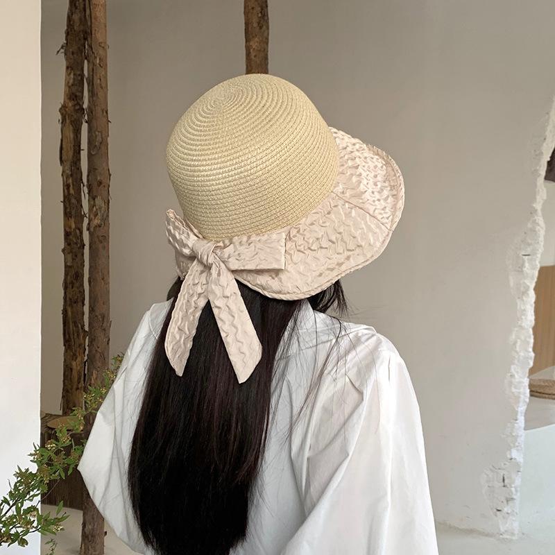 Spring and Summer Pleated Bow Sun Hat Children's Fashion Versatile Splicing Straw Hat Sun Protection Sun Bucket Hat