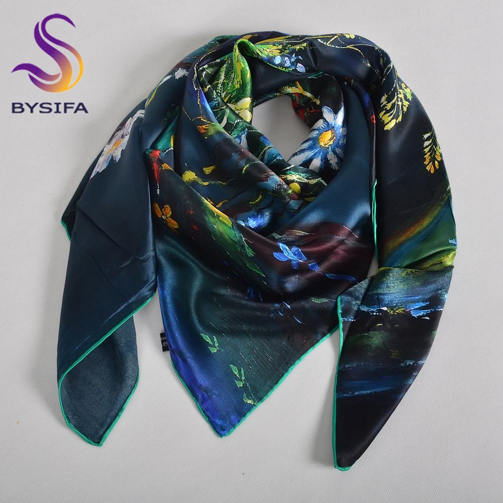 BYSIFA|New Blue Green 100% Silk Shawl Scarf Women Fashion Floral Design Scarves Hijabs Brand Accessories Scarf Wrap Cape 110*110