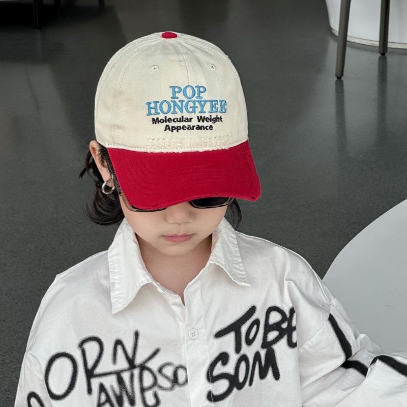 Children's American Retro Ripped and Fashionable Letter Embroidery Color blocking Bay Brim Spring and Autumn Soft Top Hat Casual Baseball Hat