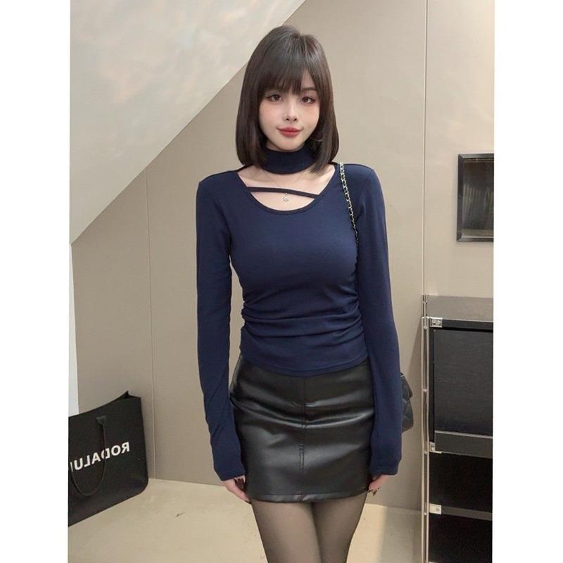 Women's Autumn Winter Hanging Neck Base Shirt Solid Color Slim Fit Korean Style Top Temperament Commuting Style Lady Pullover Shirt
