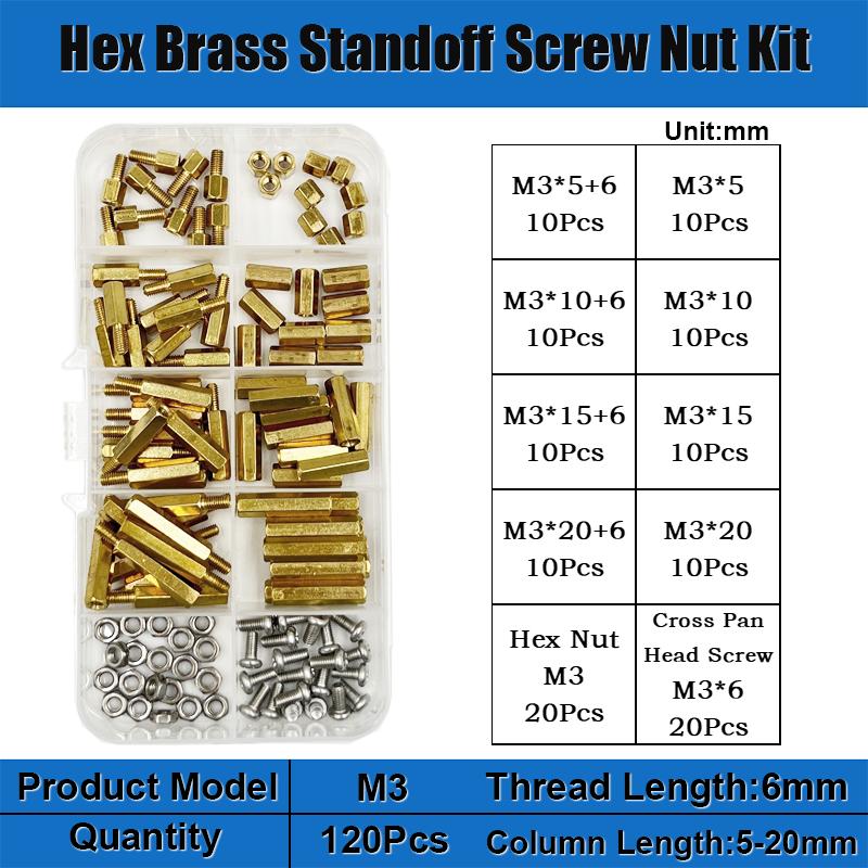 Male Female Hex Brass Standoff Spacer Kit M2M2.5 M3 M4 Brass Round Standoff with 304 Screw and Hex Nut pcb motherboard standoff