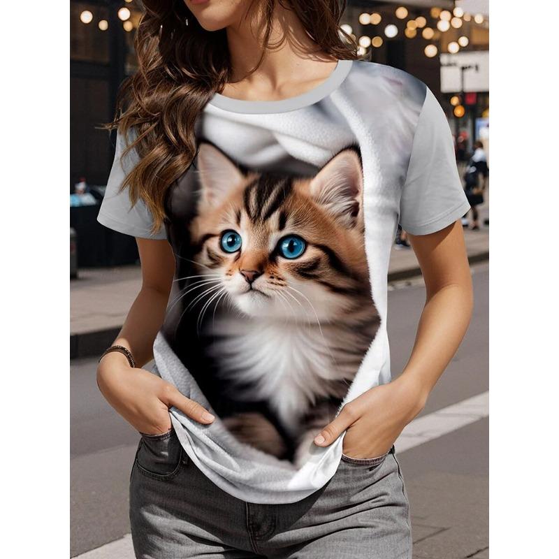 Women's T-shirt Cat Print Summer Round Neck Short Sleeve Fashion Casual Oversized T-Shirts