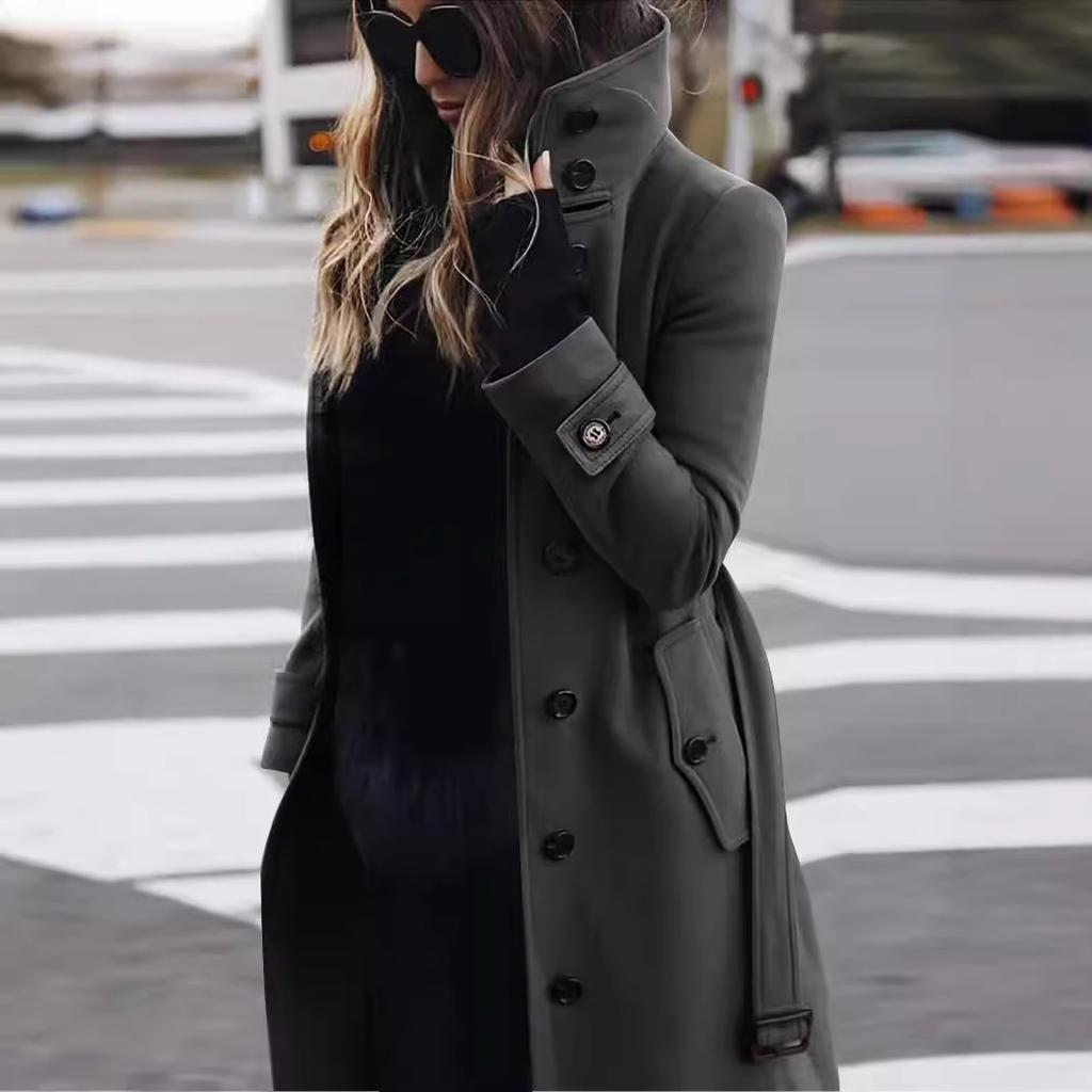 Solid Color Button Long Wool Coat Autumn Warm Stand Collar Women Coat Fashion Ladies High Neck Pocket Belt Trench Coat