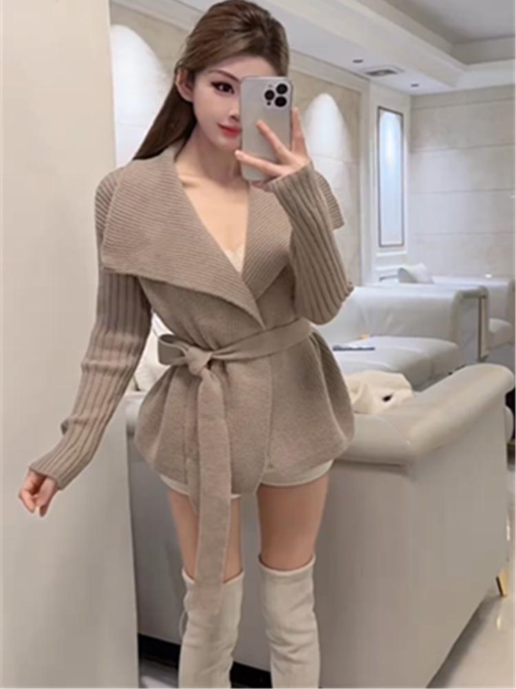 Women's European Chic Tie-Waist Cardigan Sweater - Stylish Autumn/Winter Fashion