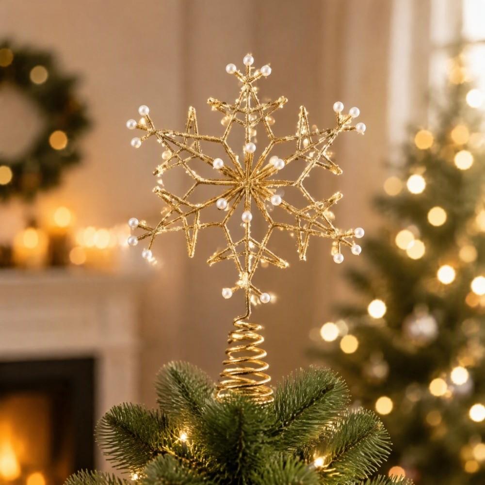 Iron Snowflake Tree Topper Pearl Accent Xmas Tree Top Ornament Christmas Scene