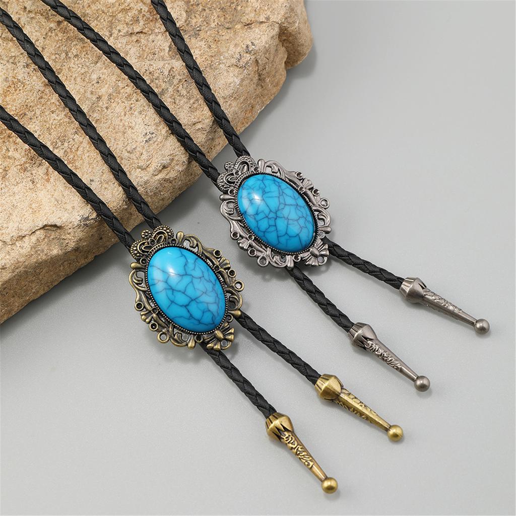 Adjustable Leather Cord Western Bolo Tie Crack Turquoises Pendant Necklace Jewelry Necktie For Cowboy Rodeos Event
