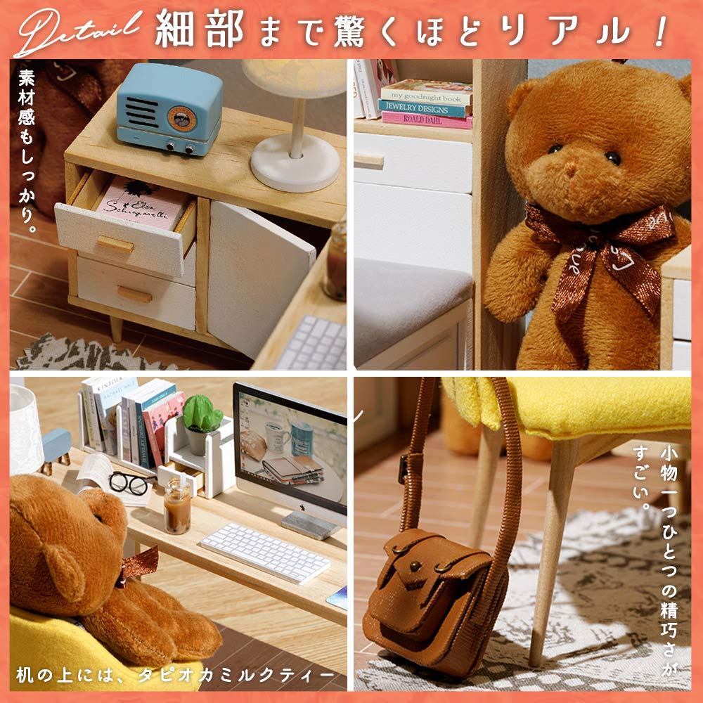 Moin Moin Scale Dollhouse Miniature DIY Kit Sunshine Bear Doll House LED Light Acrylic Case Building Tools 1/12 Set, Room, + + (Product Code