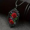 Red Rose Flower Pattern Oval Glass Pendant Necklace