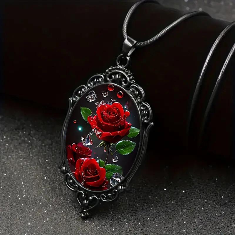 Red Rose Flower Pattern Oval Glass Pendant Necklace