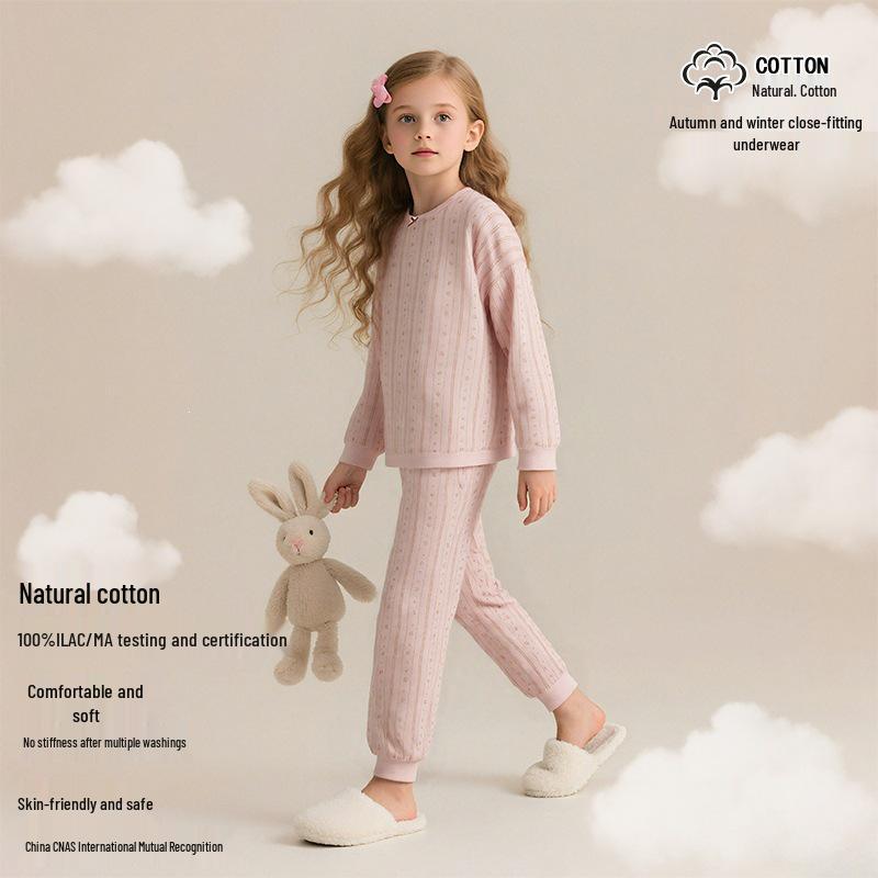 Baumwoll-Langunterwäsche-Set für Mädchen - Herbst/Winter Thermopyjama, Hauskleidung, Basisschicht für ältere Kinder