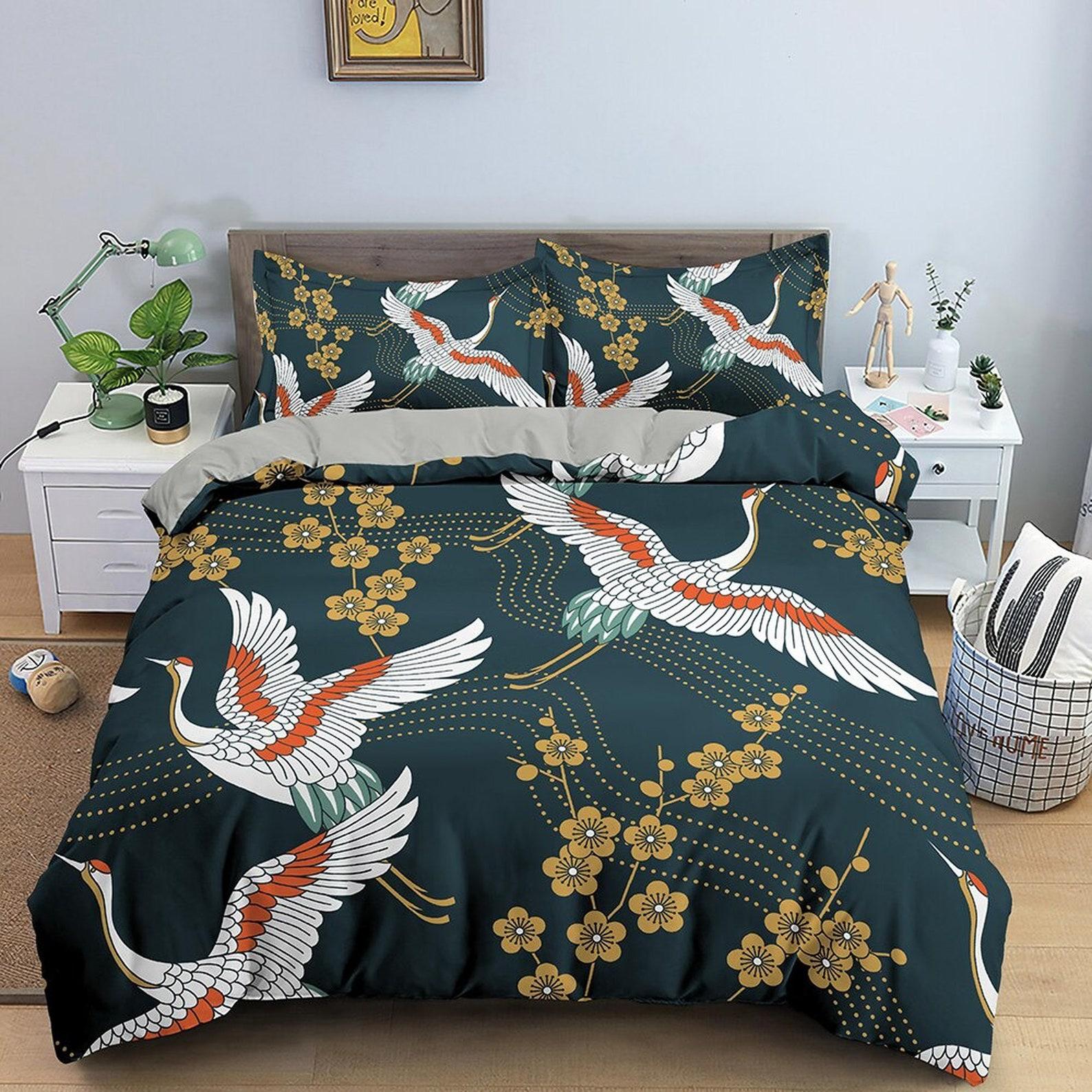 

Dark green oriental bedding set cover, crane bird and cherry blossom floral prints on Japanese style duvet cover, king, queen, full, twin 135x200cm