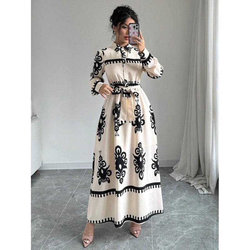 Live Shot 2025 European and American Fashion Long Sleeve Waist-Gathering Print Shirt Dress