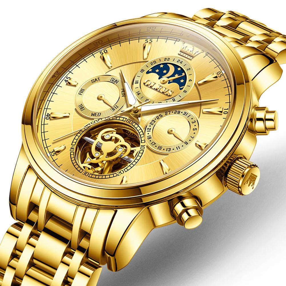 OLEVS High Quality Luxury Men Tourbillon Gold Watch Automatic Movement Mechanical Male Stainless Steel Waterproof Wristwatches