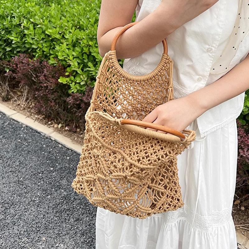 New Wooden Handle Rattan Handle Solid Color Hollow Handmade Cotton Rope Woven Bag Seaside Vacation Handbag Straw Bag