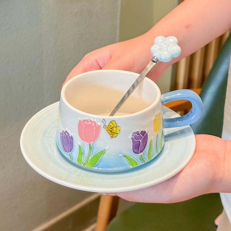 Hand-painted tulip exquisite coffee cup niche high-end ceramic cup and saucer set afternoon teacup souvenir gift