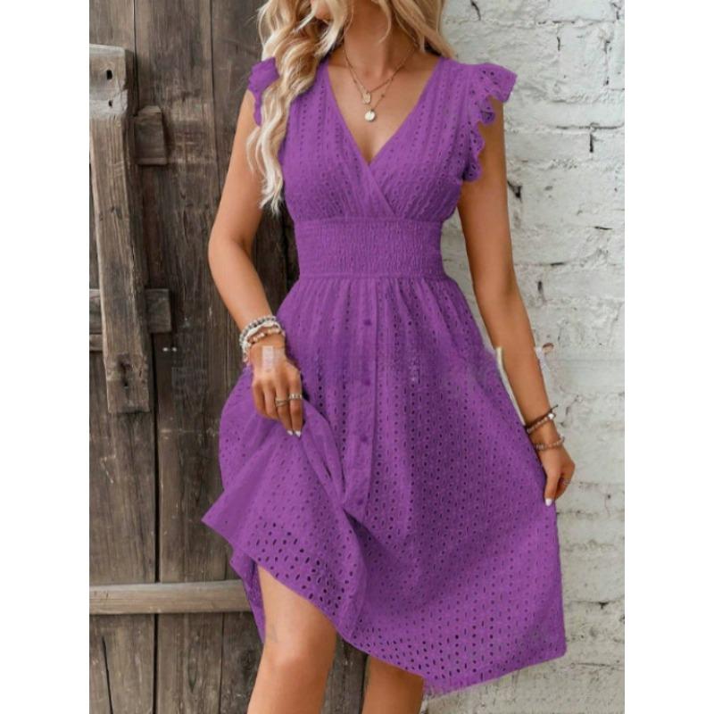 Women's Ruffle Sleeve Hollow Out Dress Elastic Waist V Neck Midi Sundress Casual Summer Party Dress