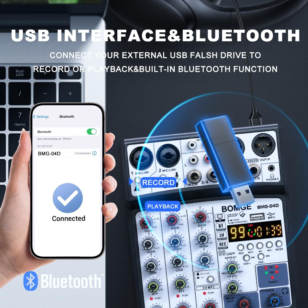 BOMGE 99DSP Echo DJ Audio Sound Mixer Interface Mixing Console Karaoke MP3 USB Bluetooth Stereo Record 48V Phantom Power 5V Power Supply 4-Channel