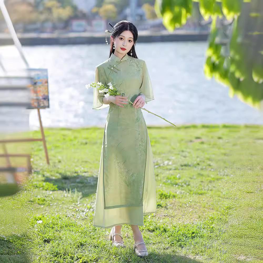 Cheongsam Chinese Summer Retro Dress Green Cheongsam Summer Chinese Style S