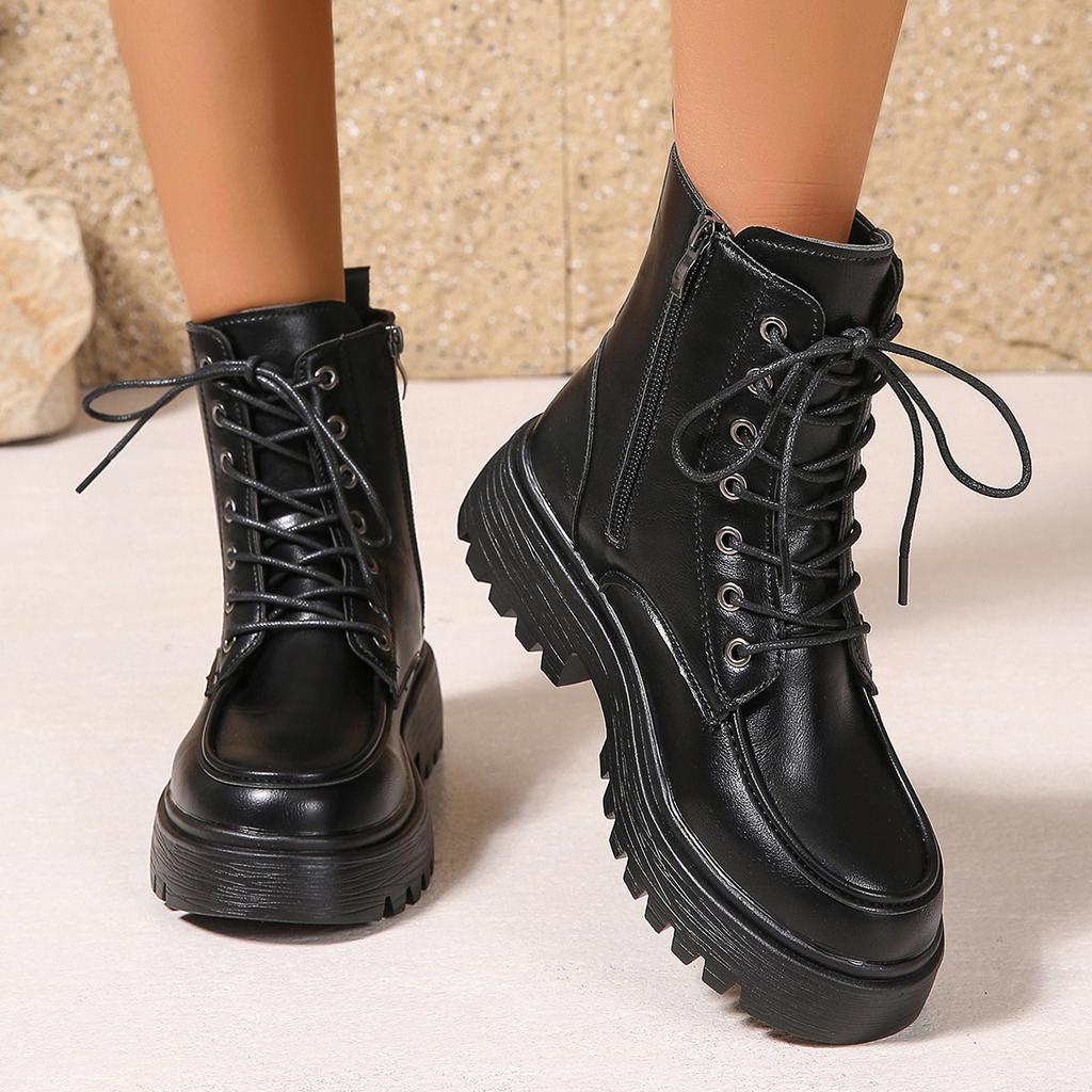 Fashion 2025Summer Autumn Women Ankle Boots Classic Beige Black Leather Gothic Punk Shoes Mid Heels Short Combact Boots Platform Shoes