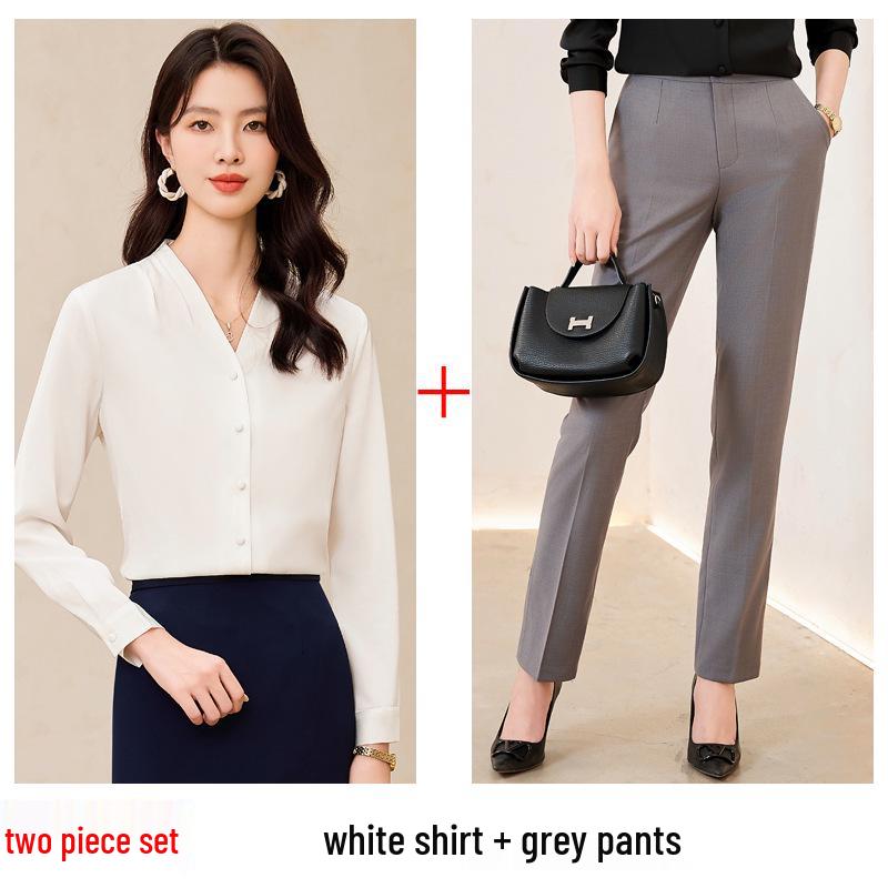 Women's White V-Neck Chiffon Shirt: Formal Spring/Autumn Wear for Interviews and Office.