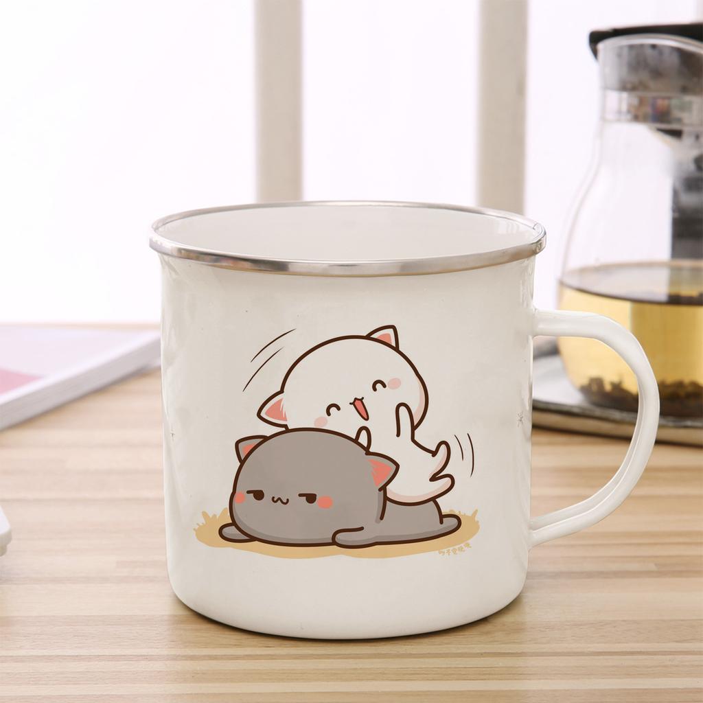 Peach and Goma Cat Enamel Coffee Tea Cup Cute Animal Breakfast Dessert Milk Water Cup Couple Gift