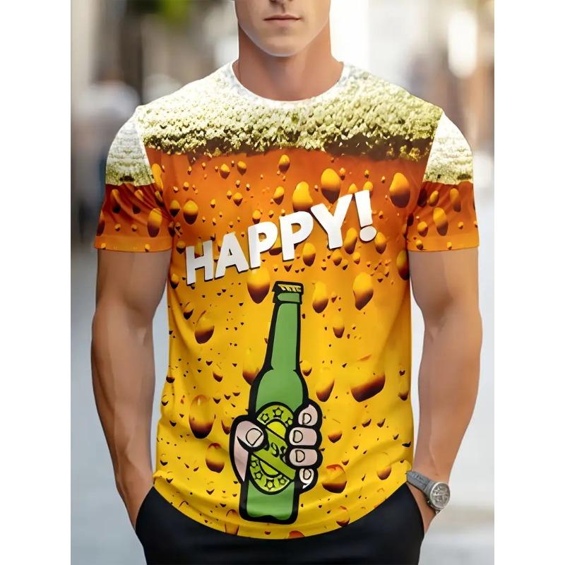 Camiseta Masculina Elegante Com Estampa De Cerveja 3D All-Over Print Design Camisetas Gráficas De Cerveja Masculinas Com Gola Redonda E Manga Curta