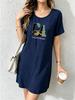 Summer Thin Breathable Printed Mid-Length T-Shirt Dress with California Lettering, Casual Style, Loose Fit, Slimming Lazy Dress