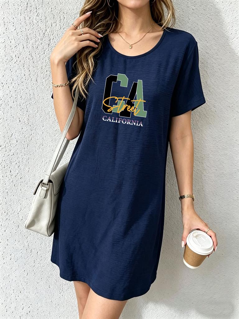 Summer Thin Breathable Printed Mid-Length T-Shirt Dress with California Lettering, Casual Style, Loose Fit, Slimming Lazy Dress
