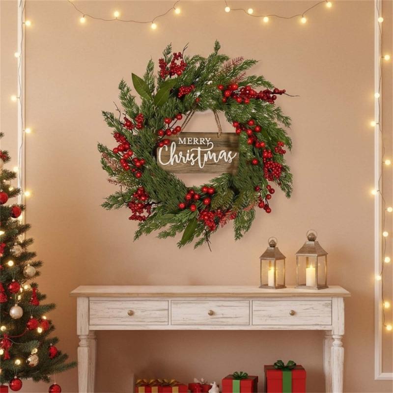 Pine Needle and Berries Door Wreath For Christmas New Year Indoor Outdoor Decorations Easy To Hanging Window Accessory