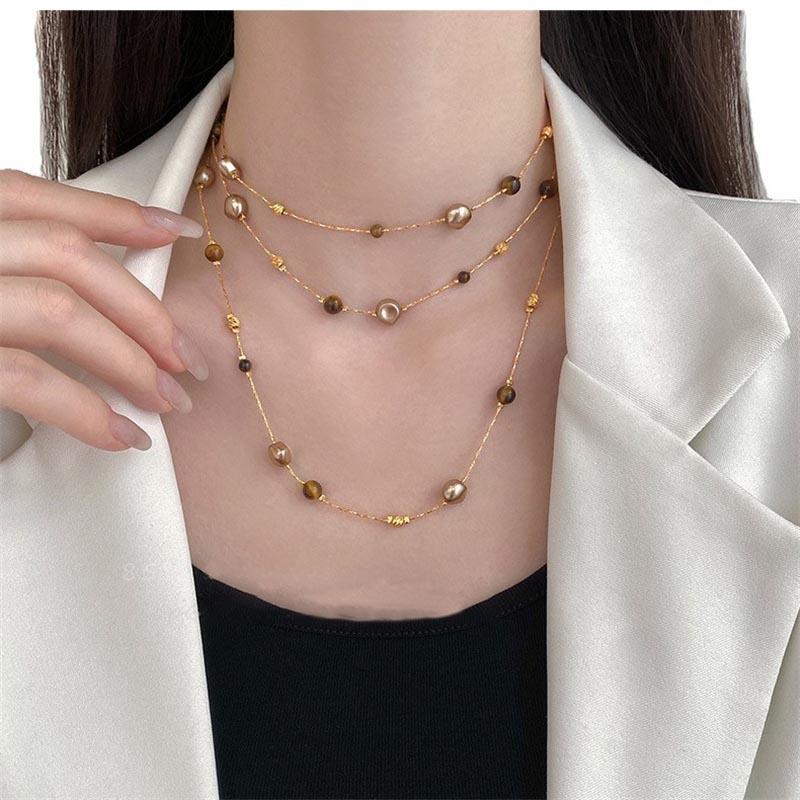 Trendy Vintage Tiger Eye Stone Pearl Bead Stacked Necklace For Women Fashionable Autumn And Winter Charm Jewelry