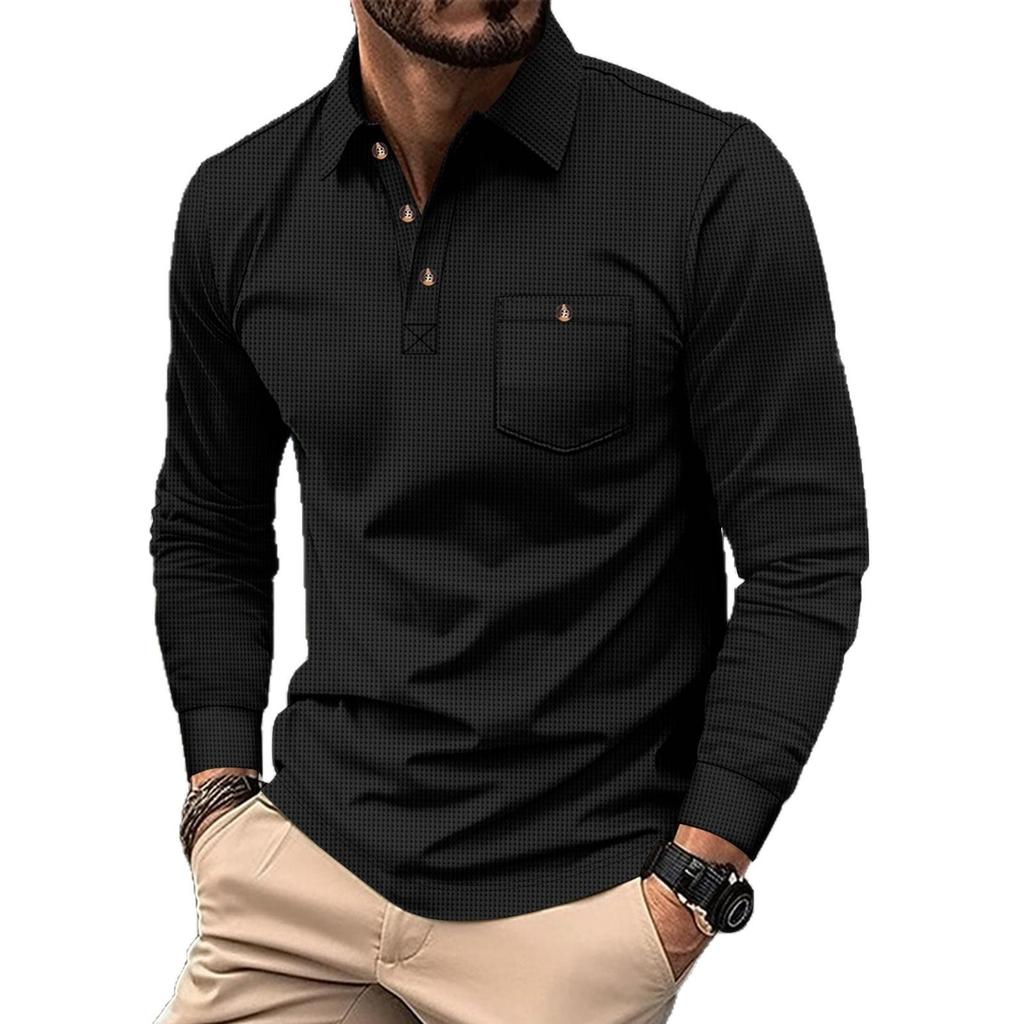 Autumn Solid Color Waffle Knit Lapel Pocket Button Long Sleeve Polo Shirt