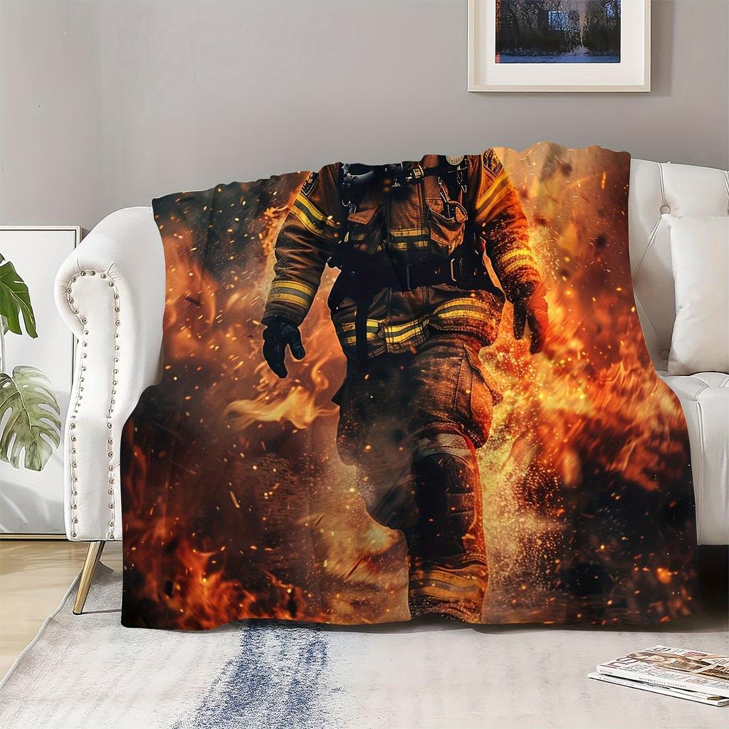 Heroic Firefighter Theme Art Blanket - Lodge Style Soft Warm All-Season Multi-Purpose Throw for Couch, Bed, Office & Travel
