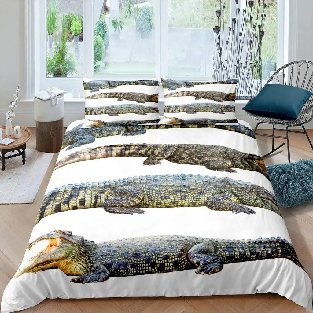 Crocodile Duvet Cover Set Wild Alligator Pattern Bedding Set Wildlife Style Comforter Cover Horror Animal Theme Twin Quilt Cover