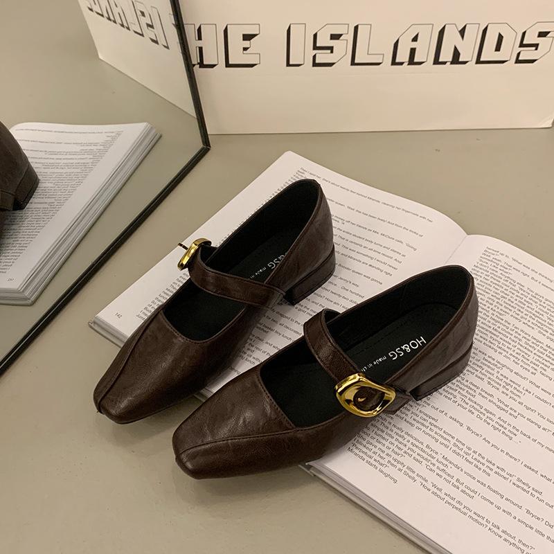 

Корейская версия темпераментная универсальная модная надпись ремень 2025 весна новая повседневная для работы легкий рот туфли на низком каблуке ретро 39 темно-коричневого