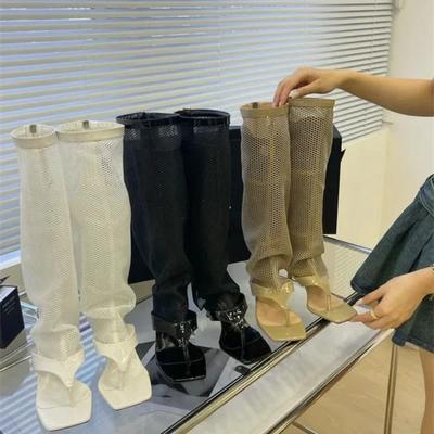 Moda Primavera Otoño Nuevos Pantalones de Malla Transpirable para Mujer Botas Versátiles Fondo Grueso Malla Hueca Tubo Largo Clip
