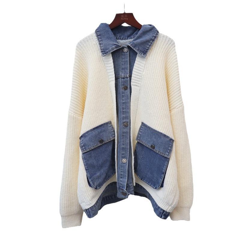 Autumn and Winter New Fake Two-piece Denim Splicing Knitted Cardigan Loose Casual Lazy Wind Sweater Jacket Women