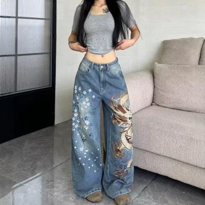 Womens High-Waisted Wide-Leg Denim Jeans With Embroidered Dragon Tiger Motif Streetwear Loose Fit Straight Cut
