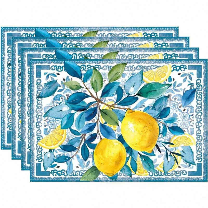 

4Pcs Flower Lemon Printed Summer Linen Placemat Fresh Holiday Dining Table Mat Decoration for Wedding Party Home Gathering 4Pcs-30X45cm(12X18in